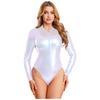 Leotardo Brillante de una Pieza para Mujer Manga Larga Cremallera Delantera Body Metálico Bañador de Gimnasia