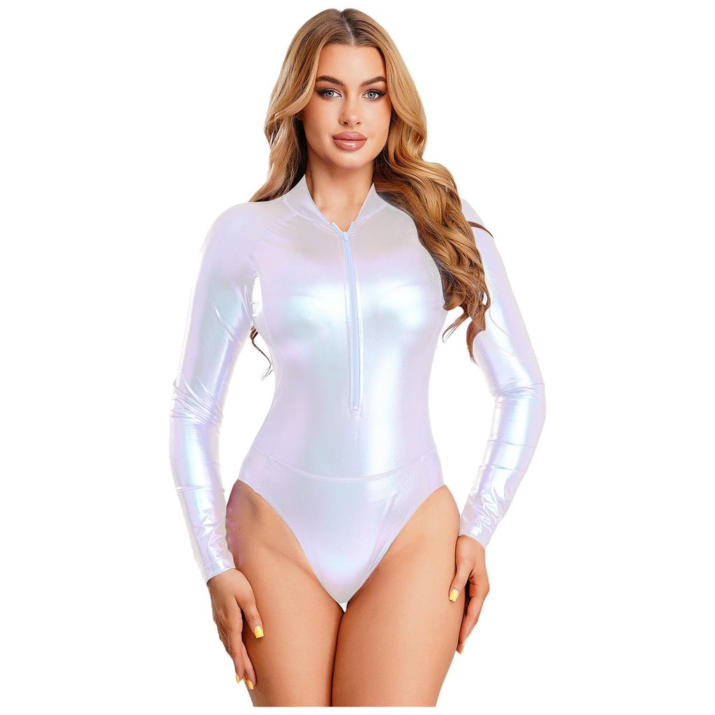 Leotardo Brillante de una Pieza para Mujer Manga Larga Cremallera Delantera Body Metálico Bañador de Gimnasia