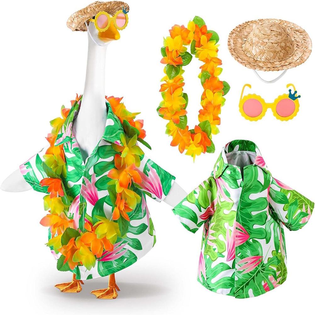 4 Pcs Hawaiian Porch Goose Outfits with Wreath Glasses Straw Hat Yard Goose Clothes Goose Costume for Luau Lawn Outdoor Decor