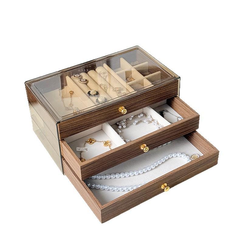 Walnut Three-Layer Jewelry Box: Dustproof & Moisture-Proof Storage for Earrings, Rings, Bracelets