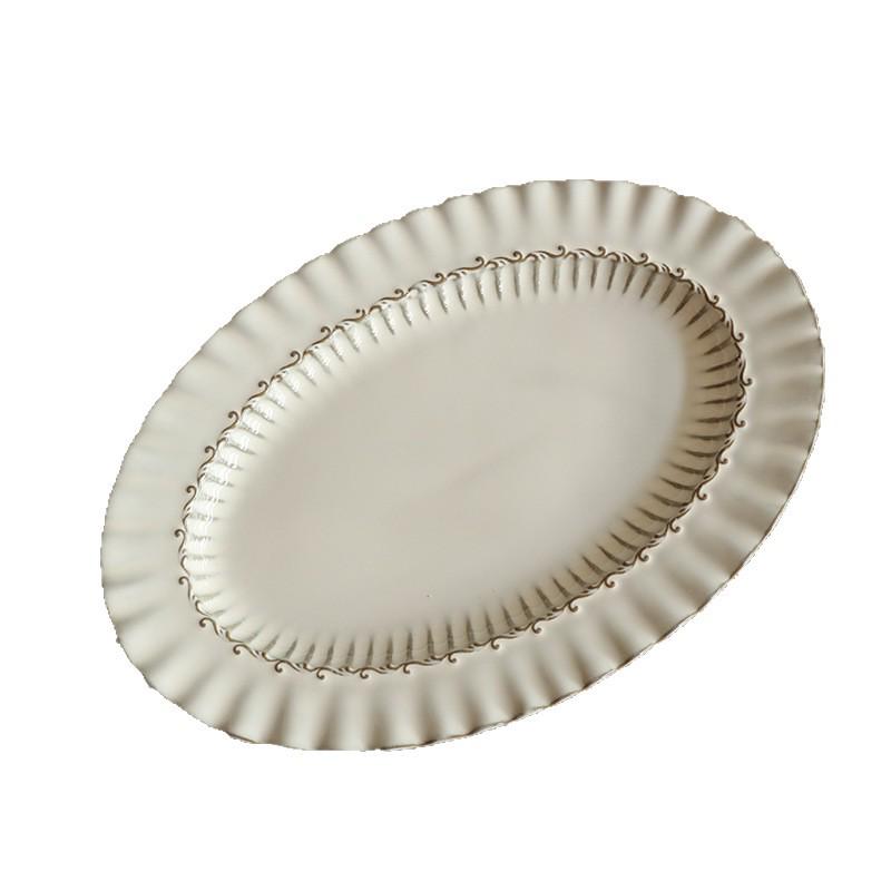 Elegant French Ceramic Tableware Set: Lace Design Plates, Steak & Salad Bowls, Rice & Soup Bowls, Baking Dish for Western Cuisine.