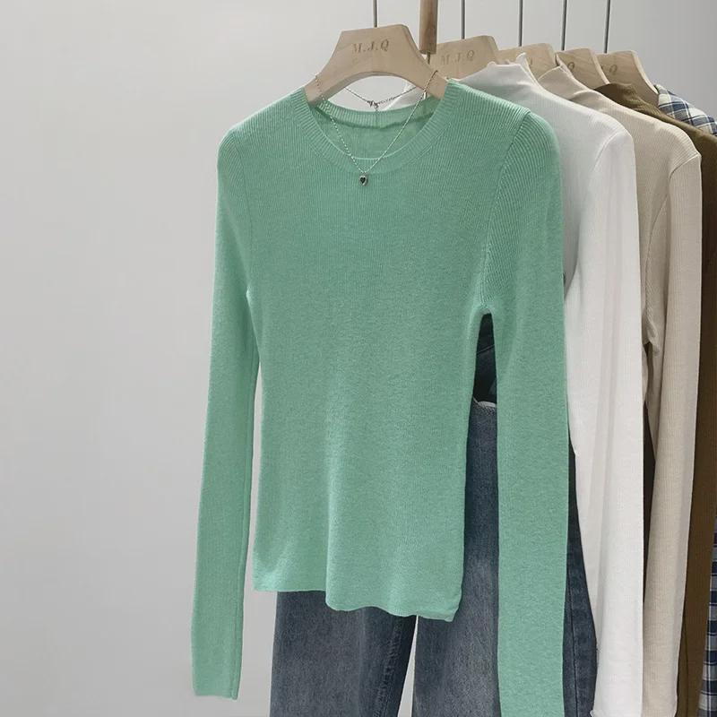 Pulover Tricotat Verde Mentă cu Gât Rotund pentru Femei - Croială Slim, Mânecă Lungă, Top Transparent de Primăvară/Toamnă