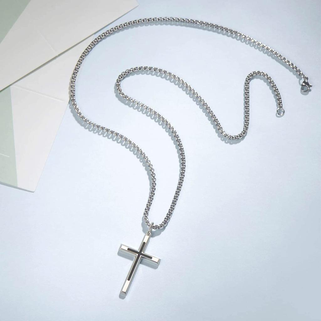 FANCIME Men's Cross Necklace, 925 Sterling Silver, Cross Pendant, 316L Stainless Steel (Surgical Stainless Steel) Chain, 60cm, Black, Amulet,