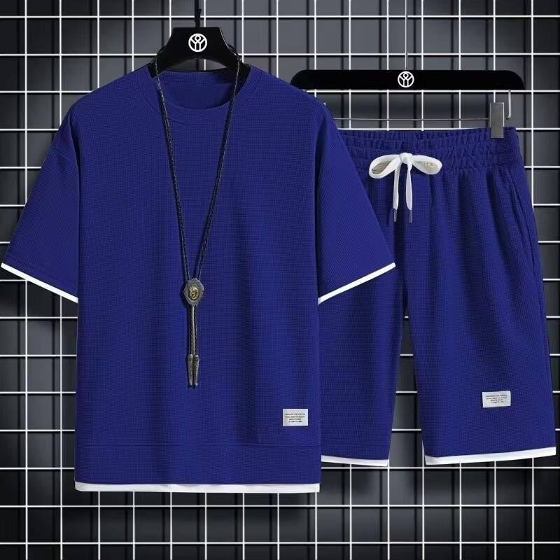 Men's Korean-Style Waffle Summer Casual Shorts and T-Shirt Set