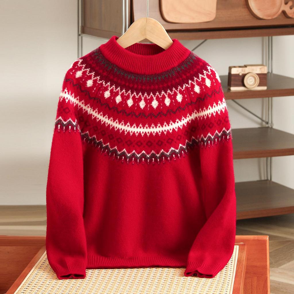 Maglione in Lana Fair Isle per Bambini - Spesso, Caldo, Stile Retro Rosso per Autunno/Inverno Ragazzi e Ragazze