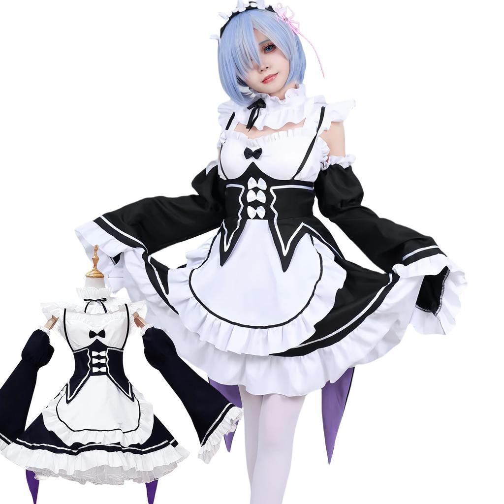 Cosplay Deluxe Edition Maid Anime Stage Chinese School Starting Life in Another World Maid Size [Nou-satsu] ReZero Rem/Ram Outfit, Costume,