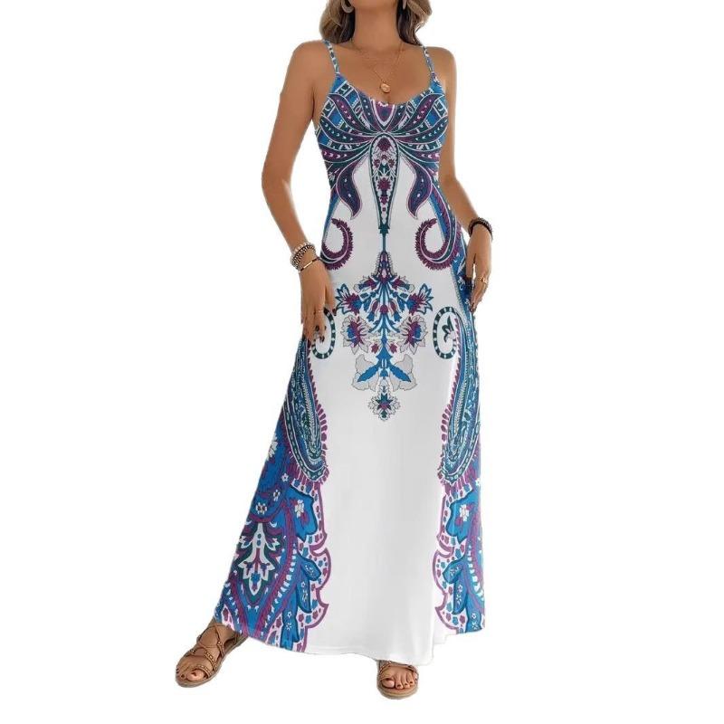 Women V Neck Sleeveless Floral Print Vintage Long A Line Dress