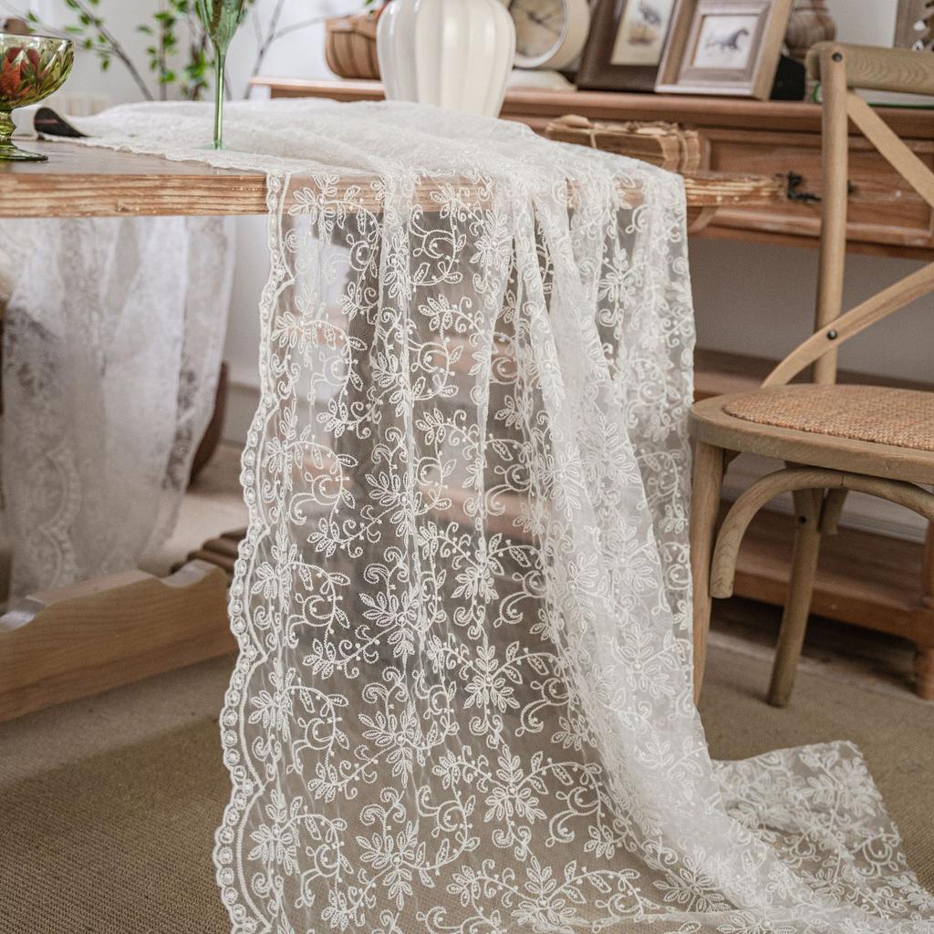 Queen Dream Ivory Lace Tablecloth Wedding-Rectangular Table Cloth Vintage Embroidered Lace Fabric for Summer Outdoor Party Reception Home Decor