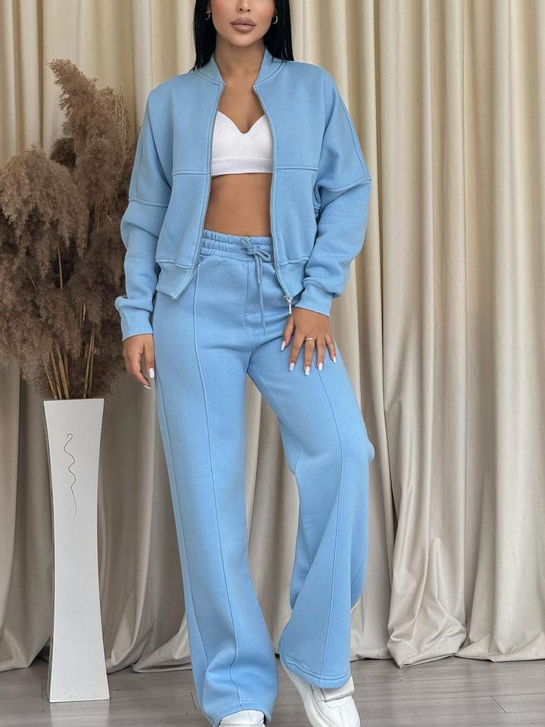 Women's New Fashion Casual Set Solid Long Sleeve Hoodie Zipper Pants Two Piece Outfit