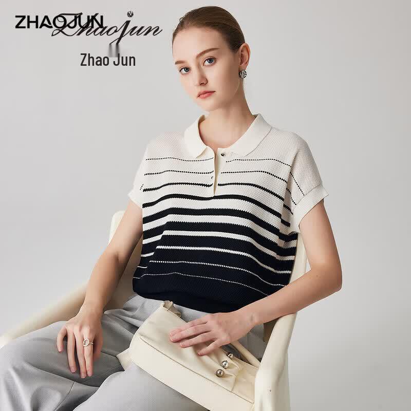 Women's Mulberry Silk Striped Polo Knit T-Shirt