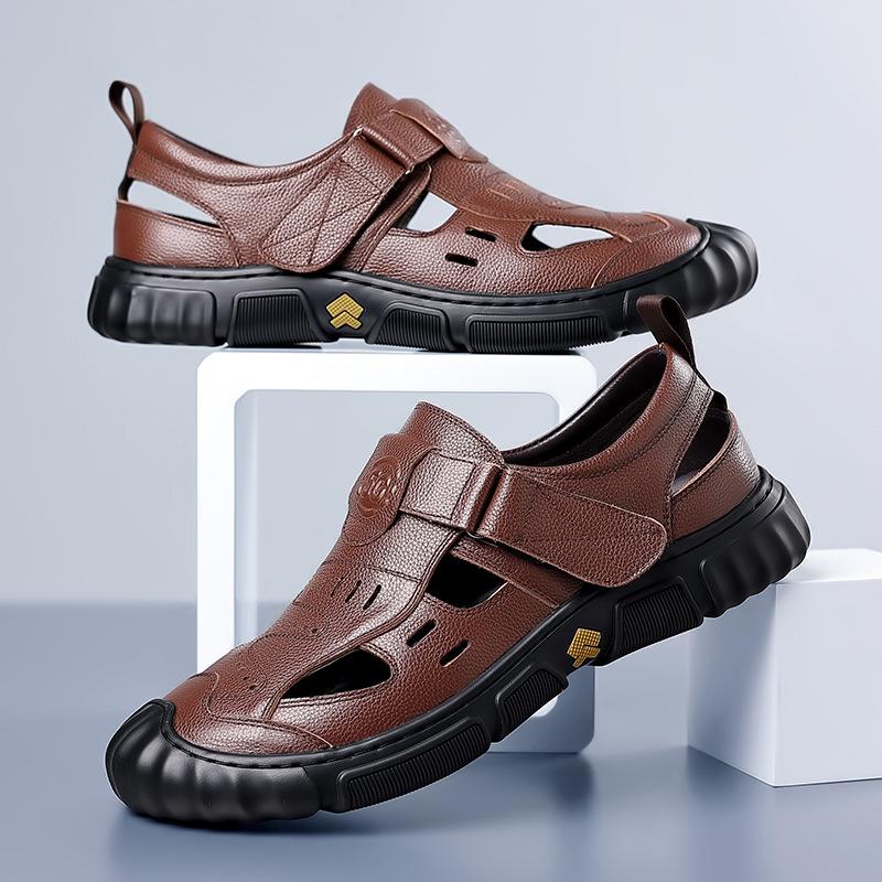 Men's sandals 2025 summer breathable hole shoes men's leather non-slip casual dad shoes durable rubber sole
