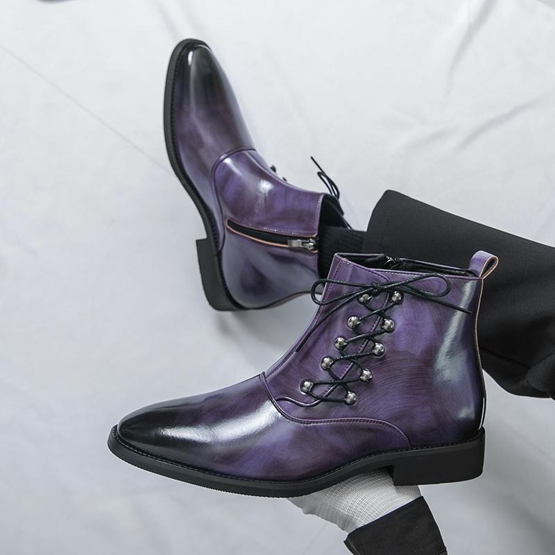 Men’s High Top Black Leather Boots Dress Formal Business Retro Brown Ankle Boots Tuxedo Purple Wedding Shoes Plus Size