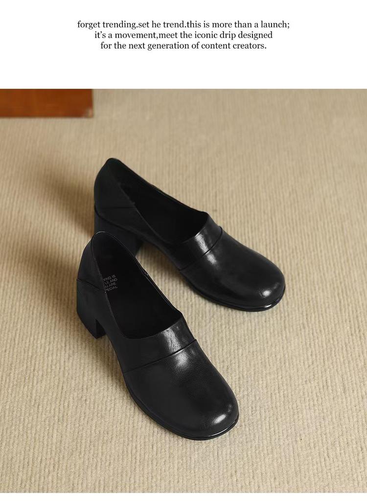 Retro All-Leather Loafers: First-Layer Cowhide, Chunky Heel, Round Toe, Deep Cut, Soft, Comfortable.