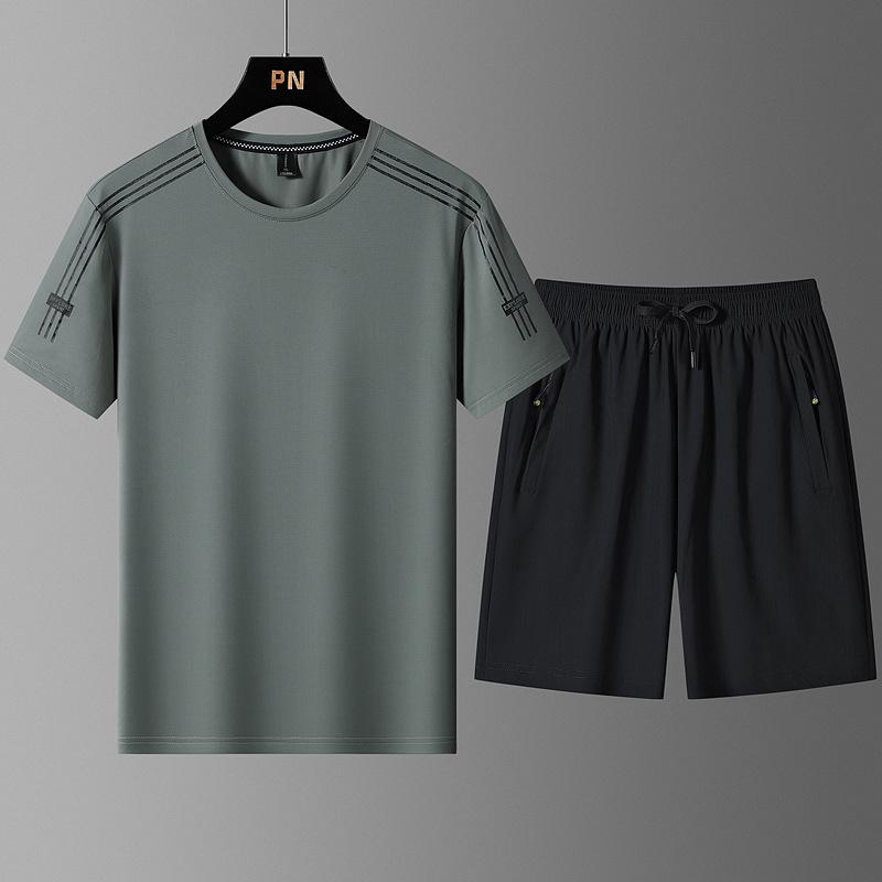 Extra Large Summer Sports Suit Men's Ice Silk Thin Short Sleeved Men's Shorts Quick Drying Handsome Two-piece Set
