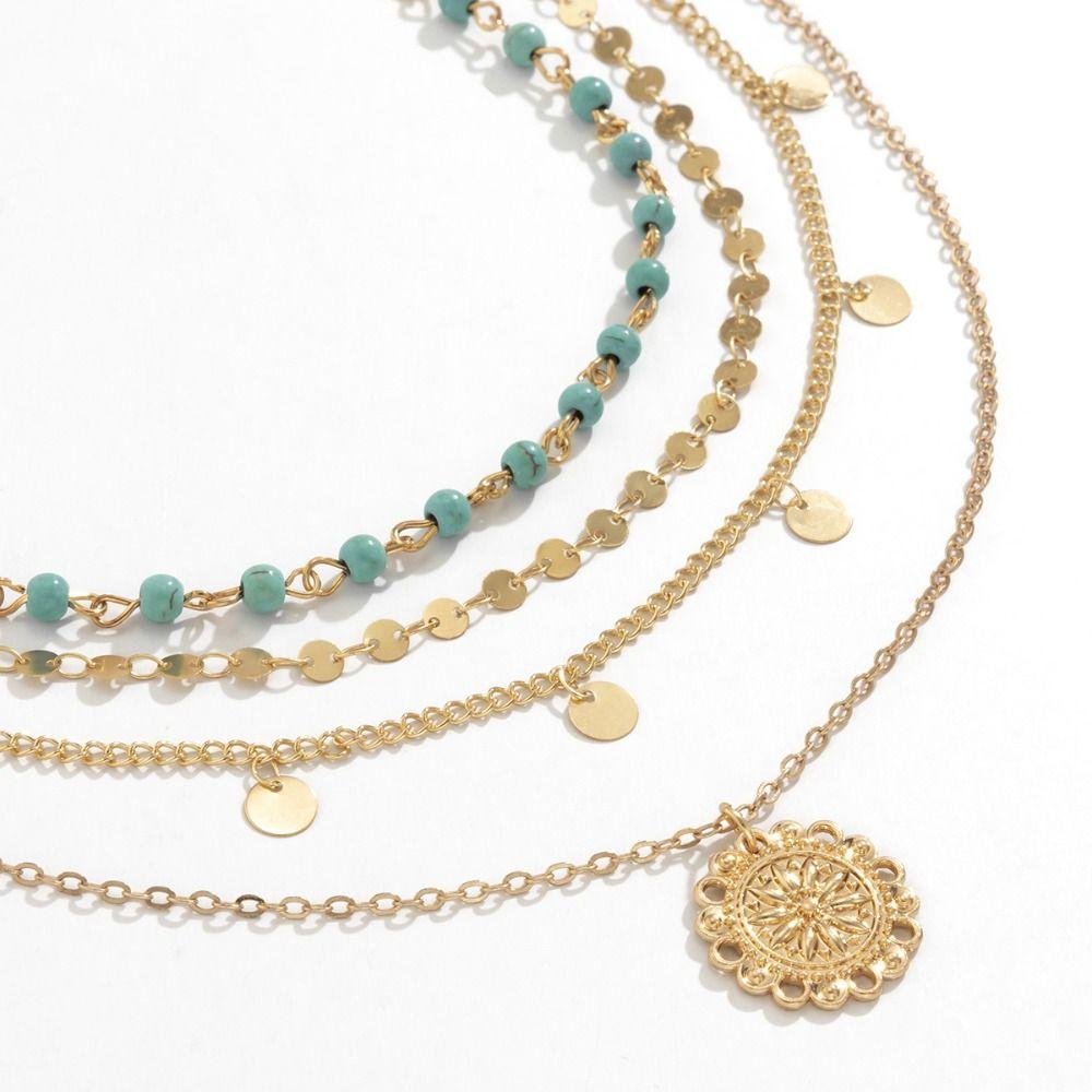 Ethnic Style Turquoise Stone Necklace Golden Multi-layer Necklace Retro Jewelry Set  Women