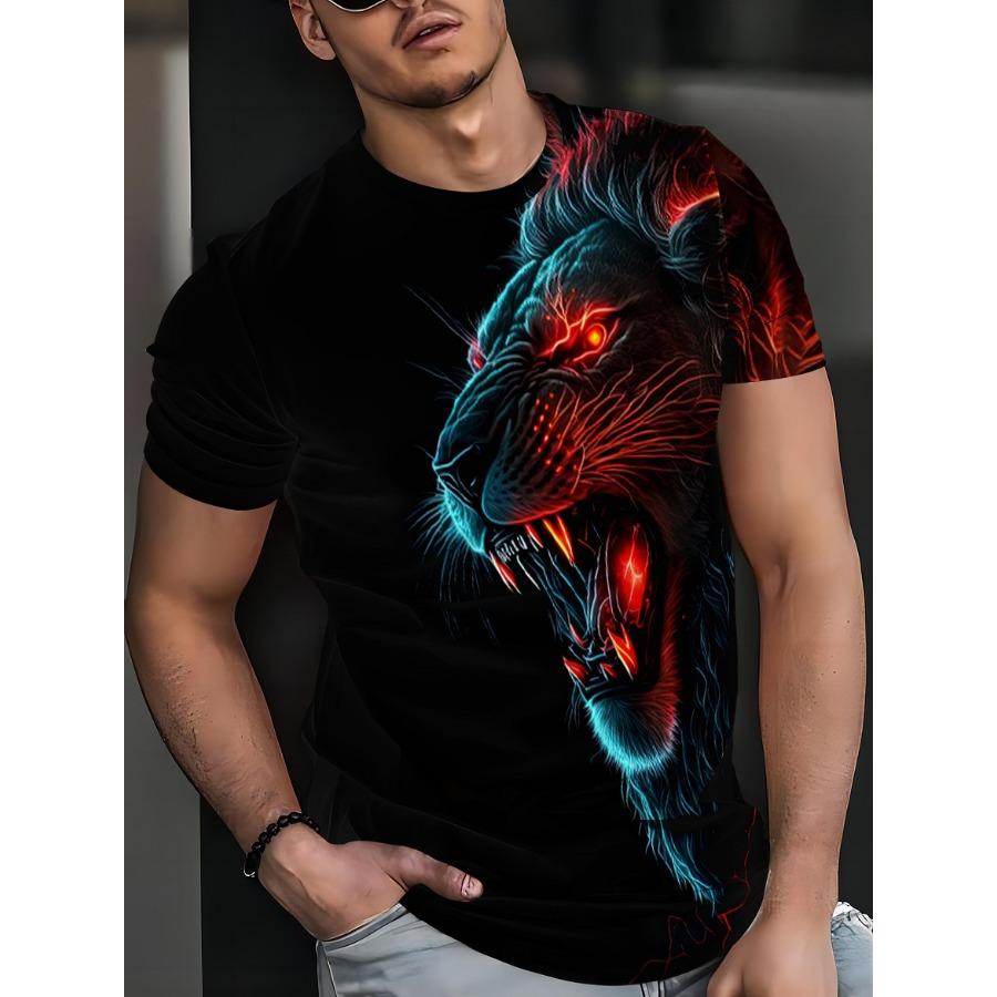 Tricou cu imprimeu 3D cu animale de modă Tricouri cu model de leu Tricou cu mânecă scurtă cu gâtul O Tricou cu mânecă scurtă de vară Tricouri pentru bărbați respirabile Îmbrăcăminte cu desene animate pentru bărbați