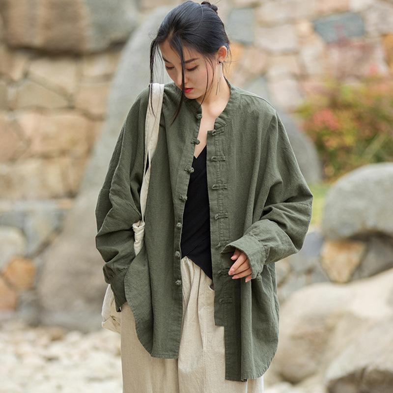 Cotton and linen women's top, new Chinese style cardigan, spring and autumn coat, zen loose tea clothes, button-down long-sleeved shirt