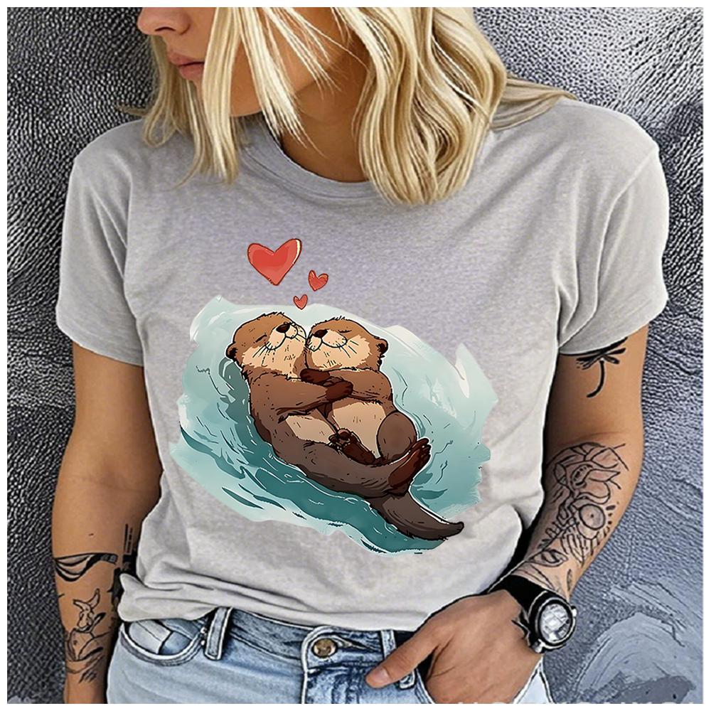 Women's Polyester 100% Holding Hands with an Otter Print T-shirt Loose Round Neck Casual Short Sleeve Fashion Top  Clothing Summer