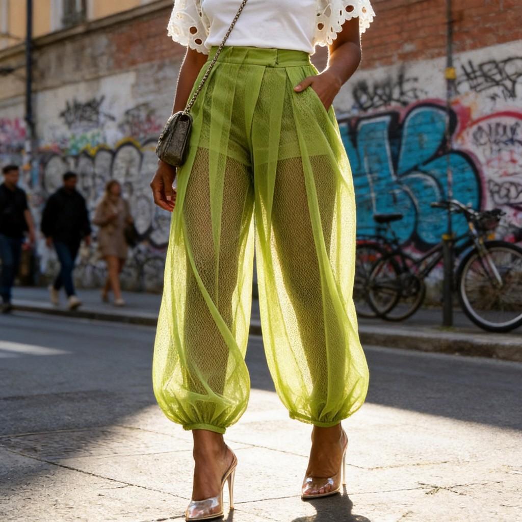 Pantaloni a lanterna corti streetwear in tessuto di poliestere a rete per donna casual