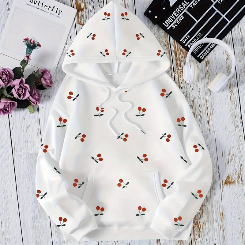 Womens Casual Hooded Sweatshirt With Cherry Anime Digital Print Air Layer Fabric Regular Fit