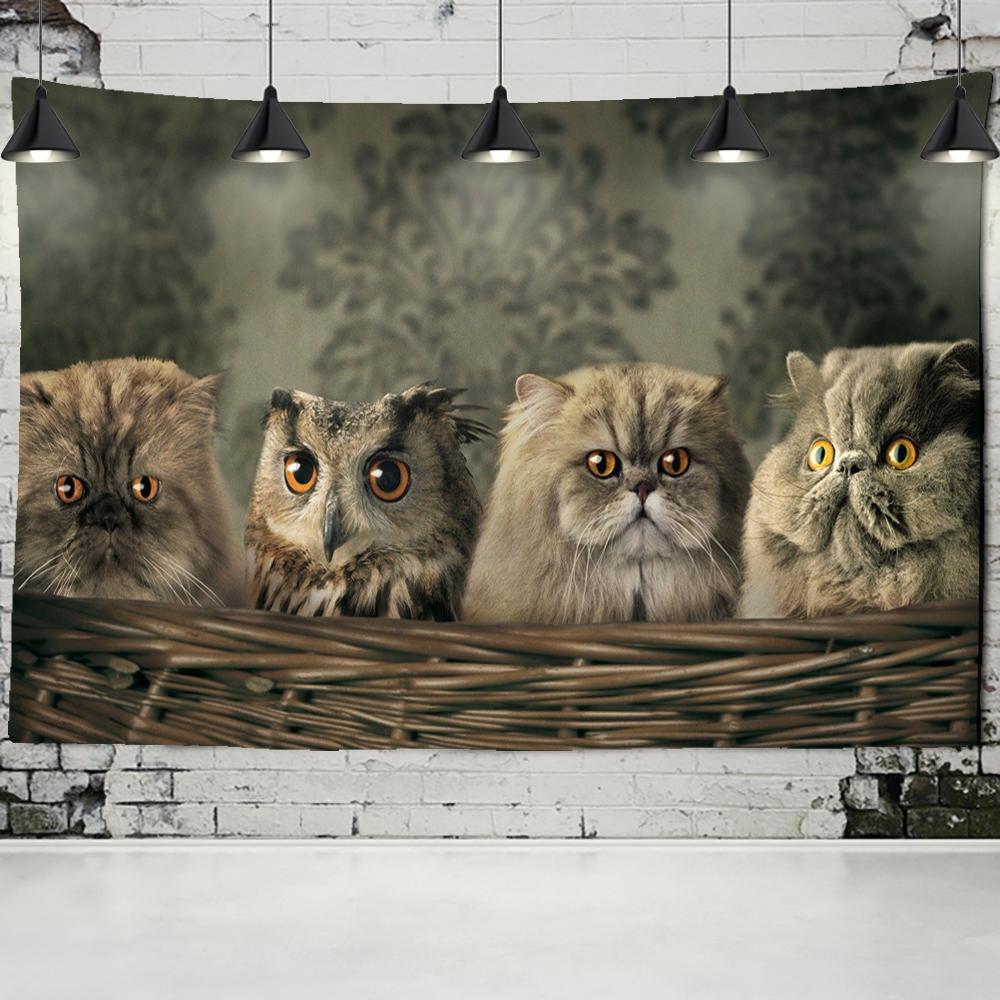 Wandteppich mit Katze und Eule, böhmischer Stil, süßes Haustier, einfache, verwirrte Augen, Hippie-Tischset, Schlafzimmer, Heimdekoration