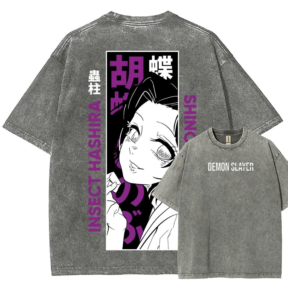 Hot Anime Demon Slayer Kochou Shinobu Print T-shirt Men Short Sleeve Clothing Cotton Tshirt Retro Washed T Shirt Harajuku Tops