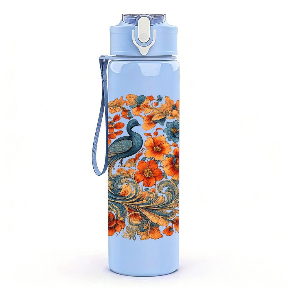 1PC Floral Peacock Circle Print 750ml Color Plastic Sports Water Bottle Leakproof Flip Straw Lid Suitable for Sports Office Home Use