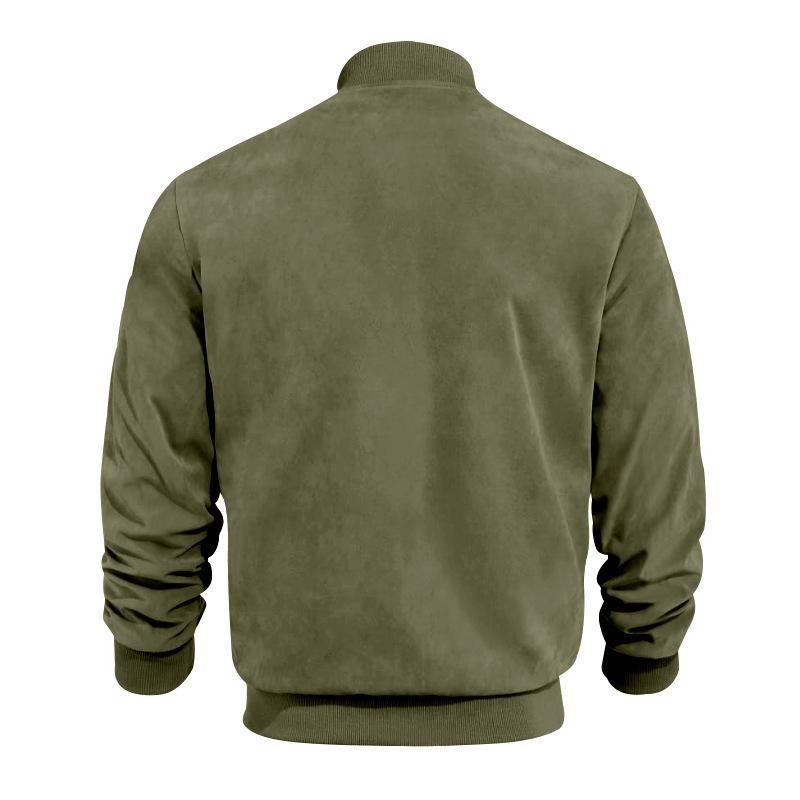 Men's Spring/Autumn Suede Zipper Cardigan Jacket with Stand Collar and Patchwork Design