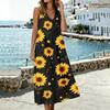 Women’s Sleeveless V Neck Midi Dress with Pockets Floral Print Cotton Linen Split Hem Casual Tank Style
