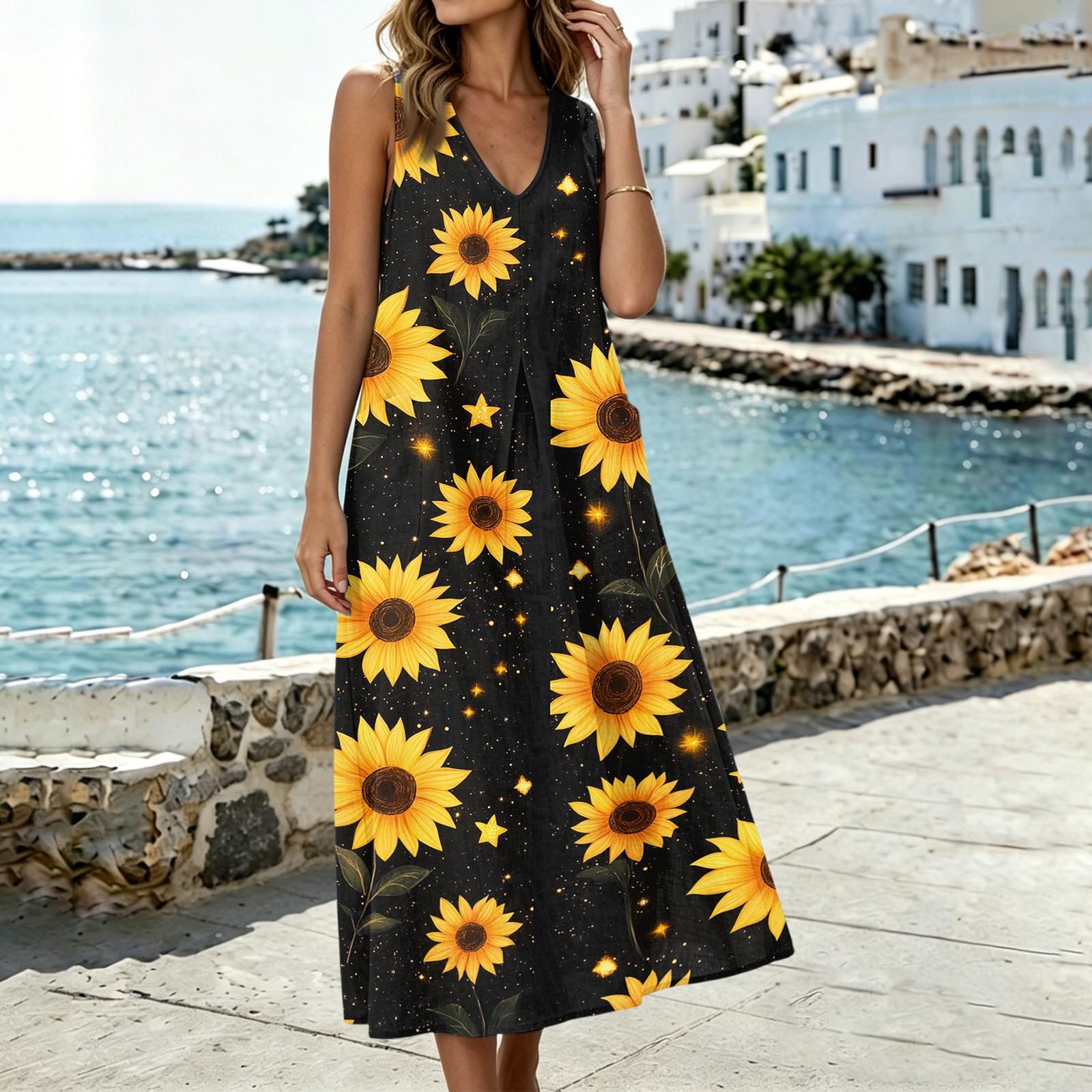 

Women Sleeveless U Neck Pocket Split Hem Dress Linen Cotton Floral Print Casual Loose Fit Midi Sundress XL