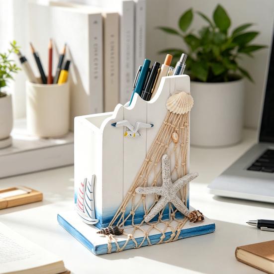 Maritimer Holz-Stifthalter Handgefertigt Mediterranes Thema Make-up-Pinsel-Organizer Ozeanstrand Stiftebehälter für Zuhause Büro