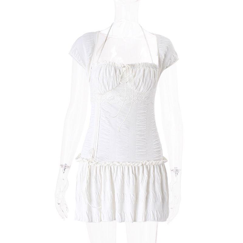 

Платье с оборками, заниженным вырезом, квадратным вырезом, шнуровкой и халтером White S