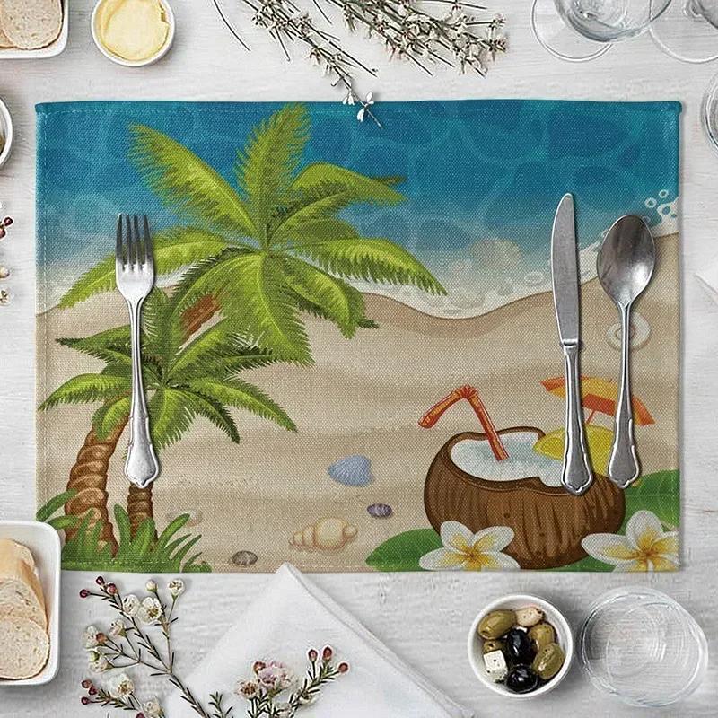 1PC Table Mats for Dining  Seaside Beach Pattern  Placemat Coconut Tree Linen