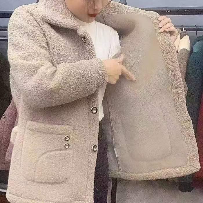Mid-Length Fleece-Lined Faux Lamb's Wool Coat for Middle-Aged Women