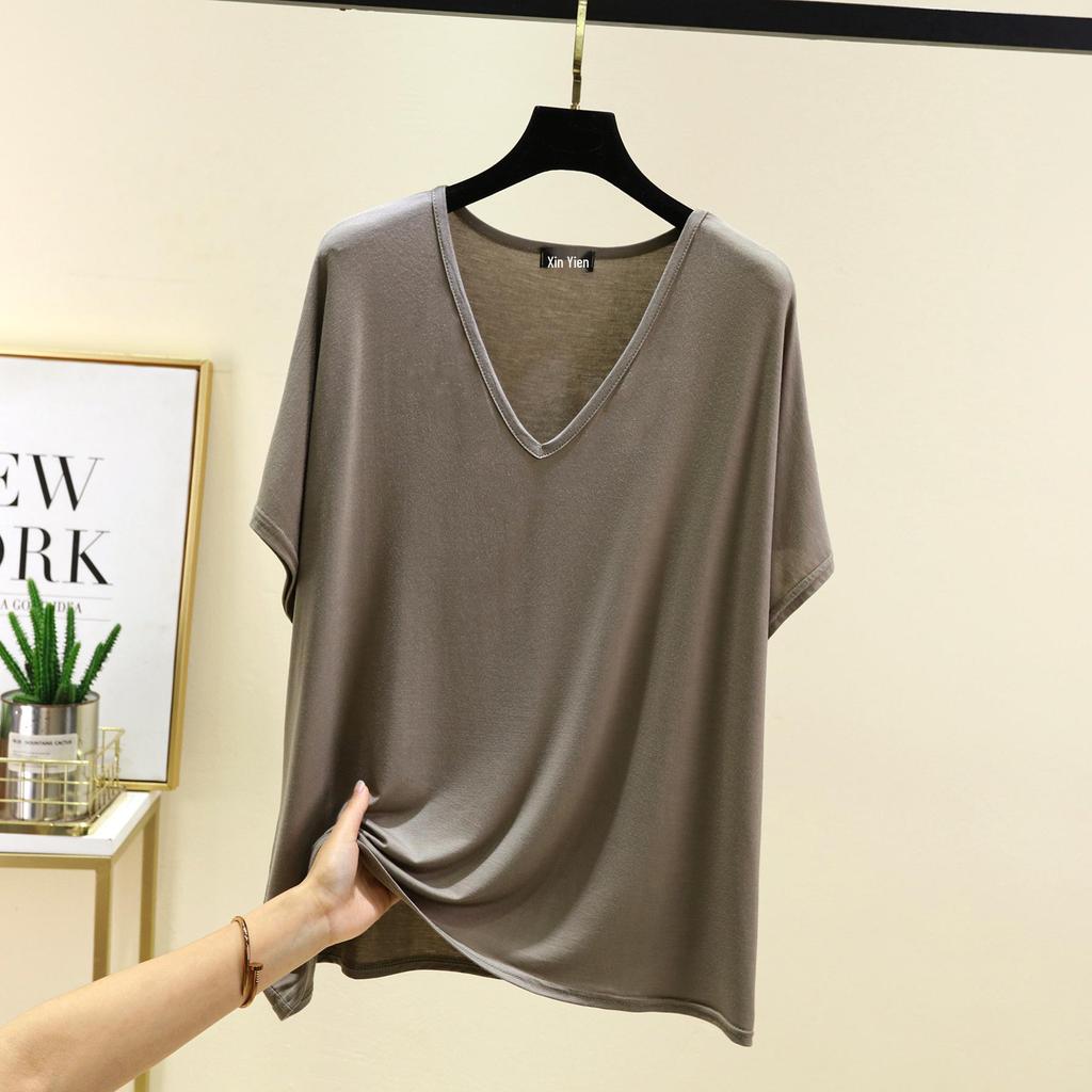Women's Solid Color V-Neck Cotton Modal Short Sleeve Loose Top