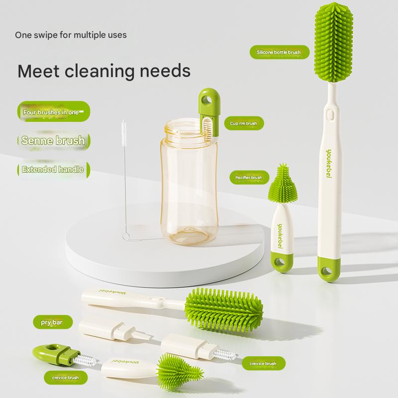 Multi-functional Bottle Brush Set: Bendable Cup Brush 90°, Nipple Brush, Straw Cleaner, Crevice Brush & U-Shaped Scrubber (Light green,M) светло-зеленый