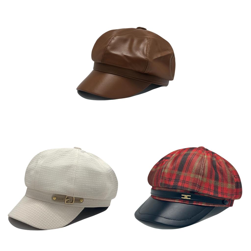 Pu Leather Octagonal Hat For Women Autumn Winter British Retro Newsboy Cap With Sun Protection And Warmth