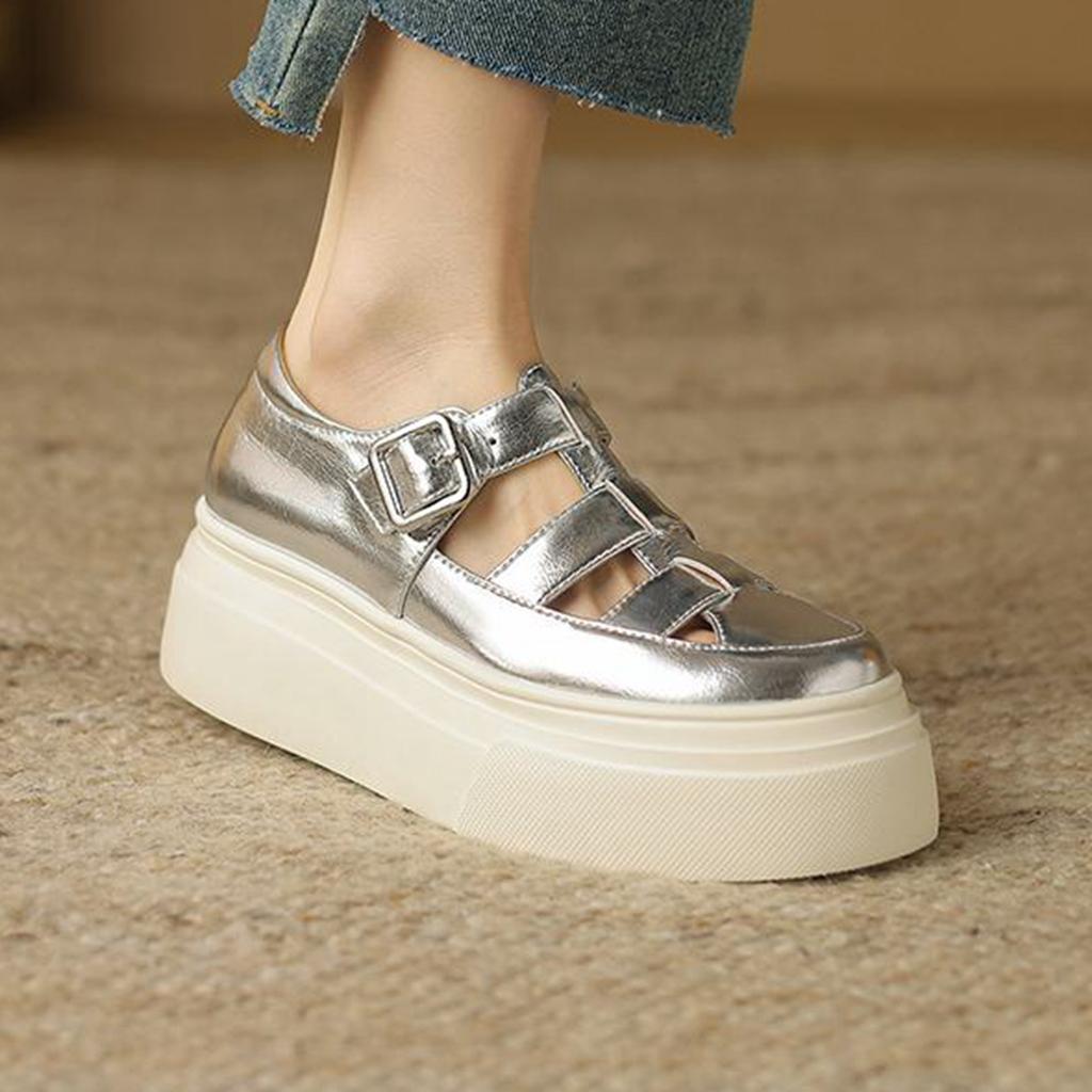 Krazing Pot Baskets en cuir véritable pour femme, chaussures décontractées, printemps, automne, été, plateforme, sangles à boucle, couleur argent