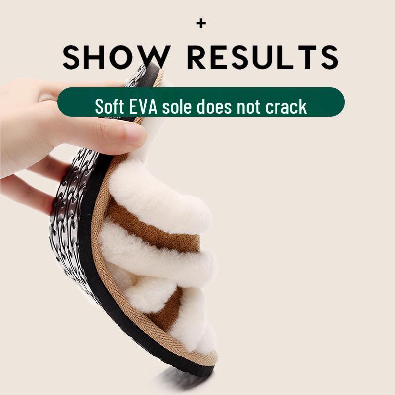 Women's Leather & Fur Cross Toe Flat Shoes - Cozy Autumn/Winter Versatile Thick-Soled Footwear for Home & Outdoor.