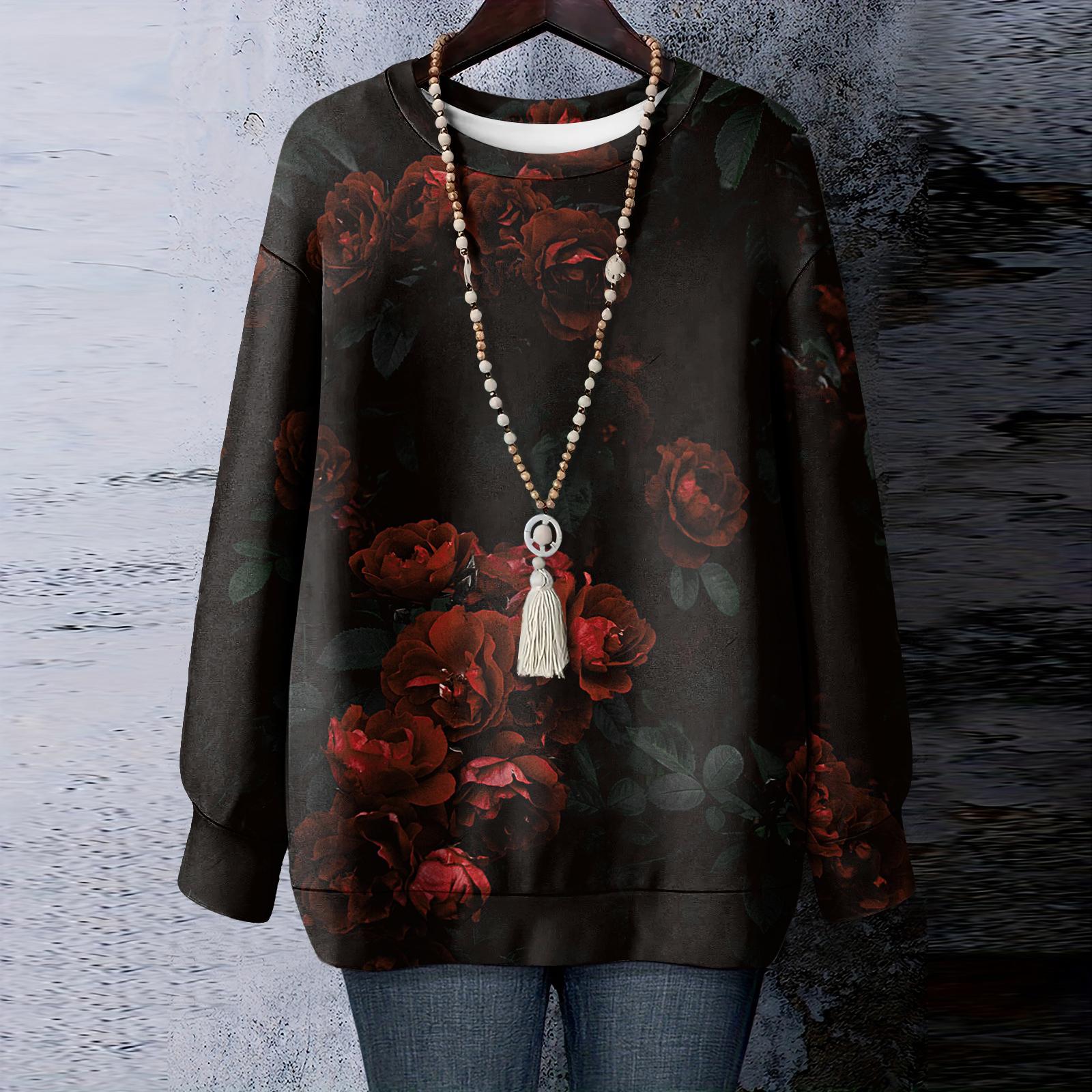 

Женская футболка с цветочным принтом, круглым вырезом и длинными рукавами, свитшот M красный