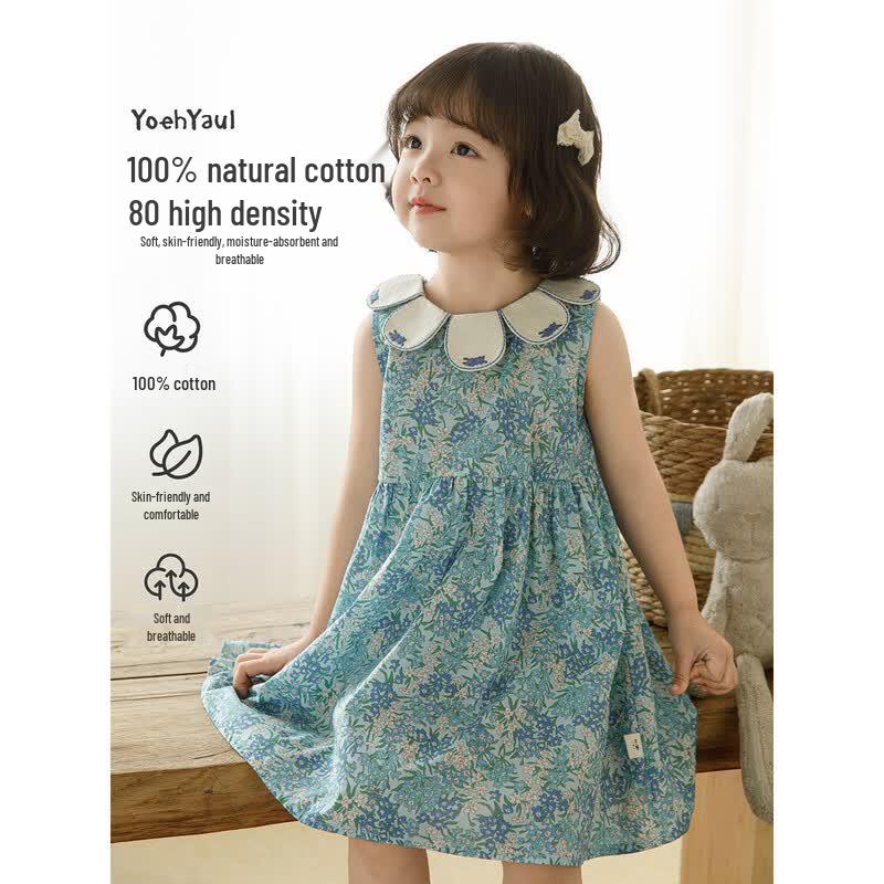 Little Girls  Summer Sleeveless Cotton Petal Collar Dress 100cm синий