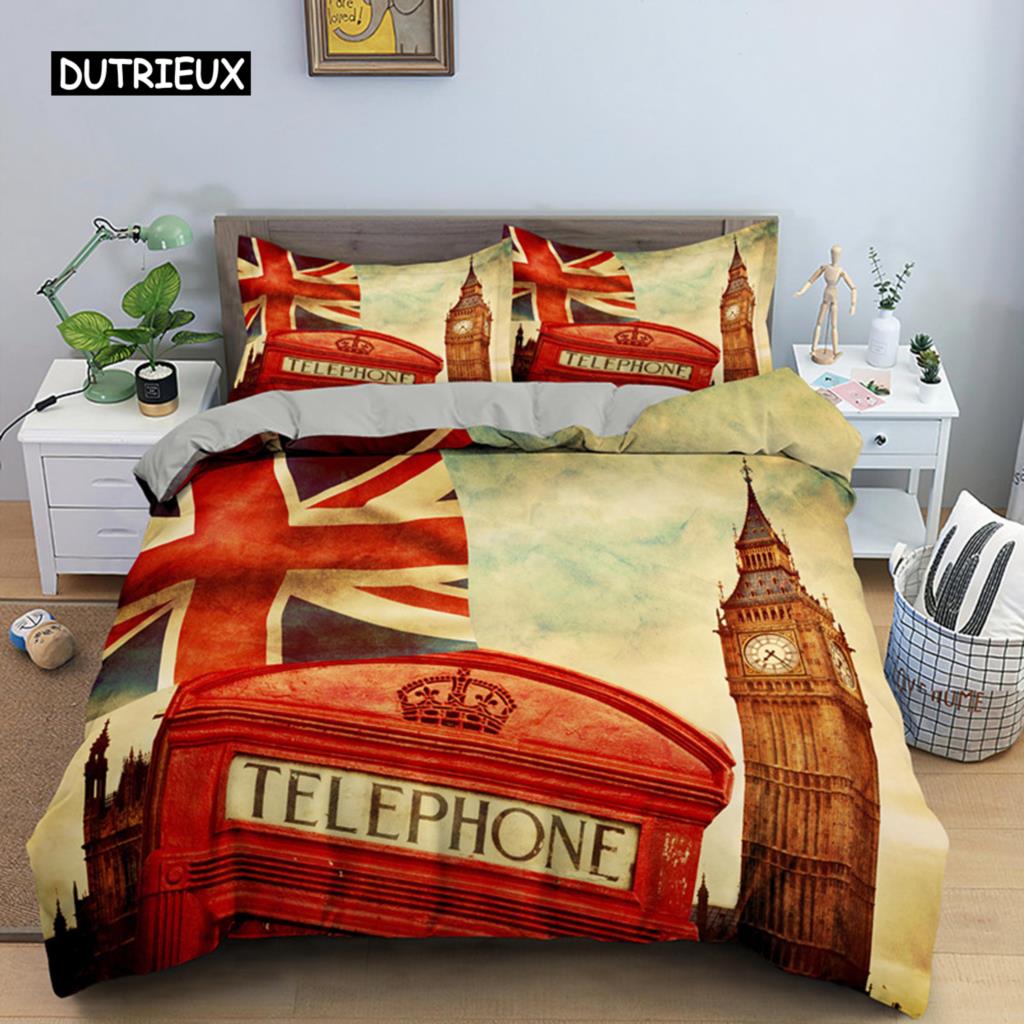 UK London Stil Königin König Bettbezug Britische Elemente Bettwäscheset für Teenager Erwachsene London Bridge Big Ben Polyester Steppdeckenbezug