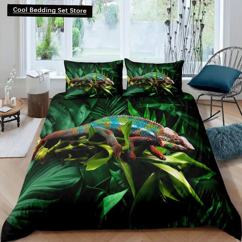 Kameleon Zestaw Poszwy na Kołdrę Motyw Dzikich Zwierząt 3D Zestaw Pościeli na Łóżko Pojedyncze Poszwa na Kołdrę Dzikiej Przyrody Chłopcy Zielony Liść Poliestrowa Poszwa na Kołdrę