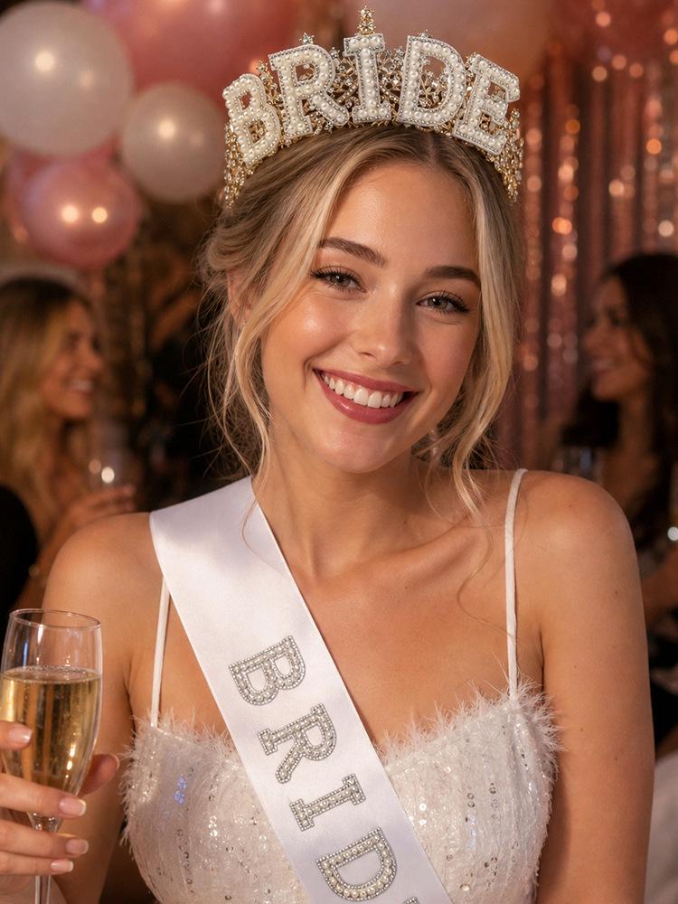 Pearl Lace Bridal Crown & Headband Set with Wavy Edge Sash and Shoulder Straps