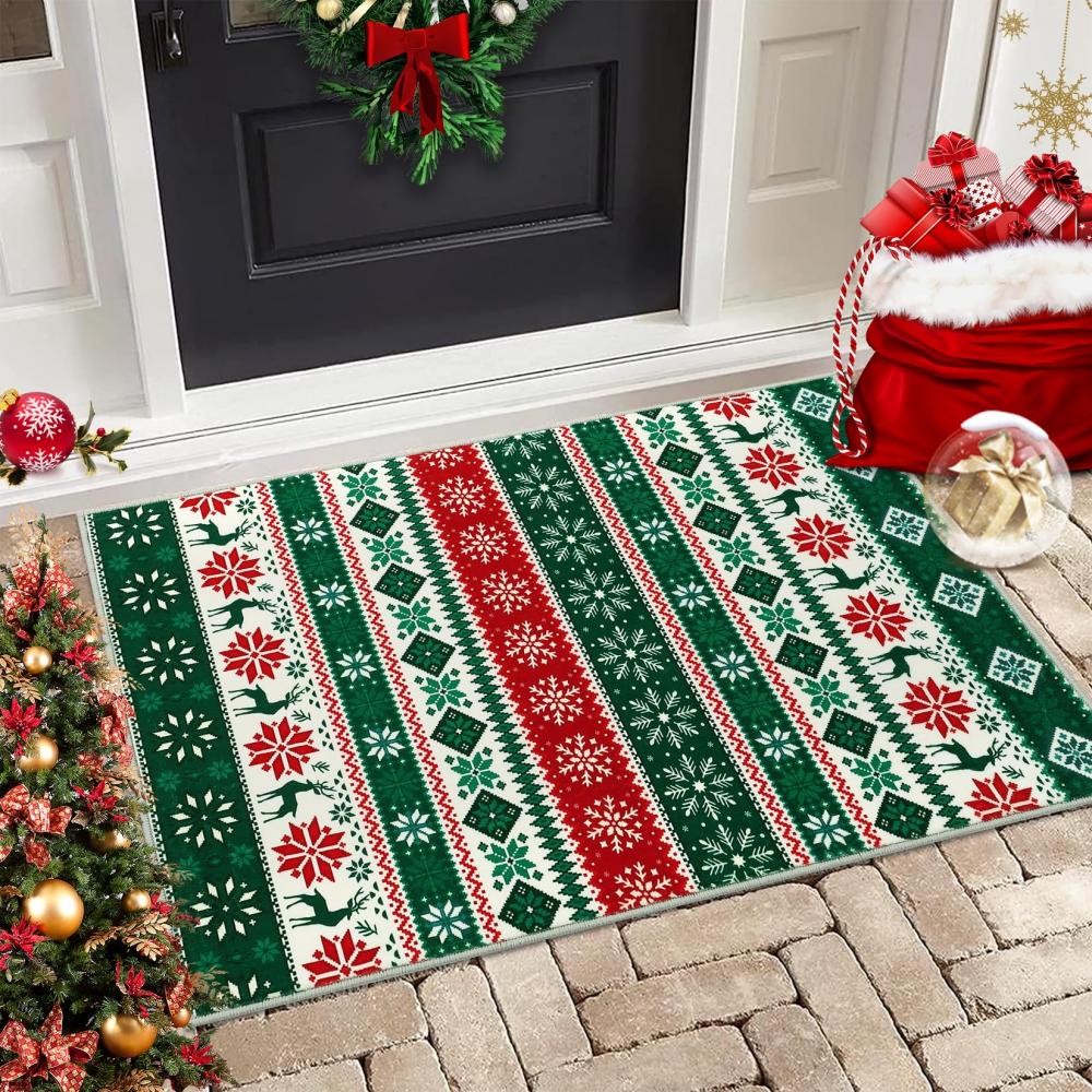 VIKAMA Christmas Entrance Rug Soft Bedroom & Kitchen Mat Geometric Non-Slip Front Door Doormat Christmas Home Decor