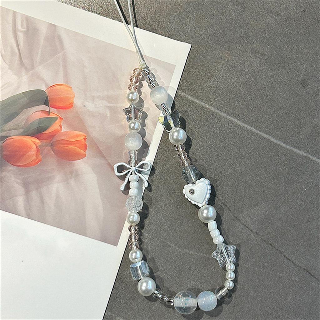 Ins Cute Rhinestone Love Heart Bow Pendant Beaded Mobile Phone Chain Wristband Camera Keychain For iPhone Bag Girl Hanging Rope