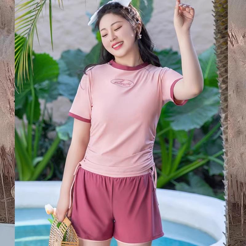 

Консервативный купальник-двойка большого размера для женщин - Моделирующий дизайн, плоский вырез для ног, закрывающий живот, идеально подходит для аквапарков XL (60-70 kg) розовый