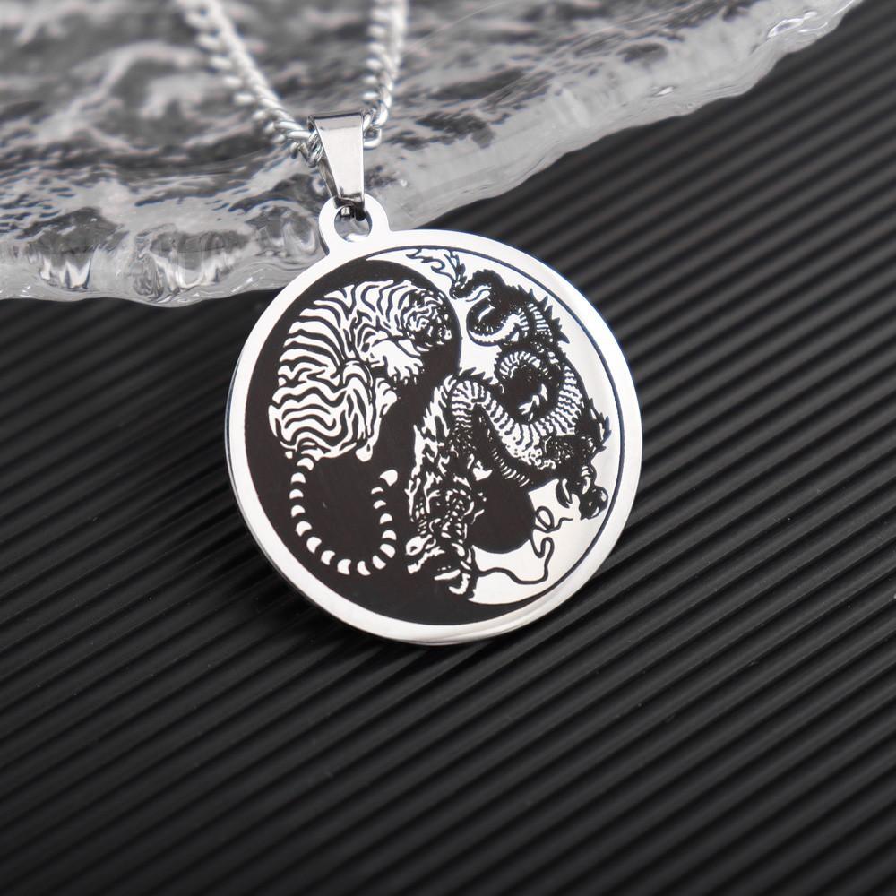 Titanstahl Dominanter Drache Tiger Yin Yang Tai Chi Herren Anhänger Halskette