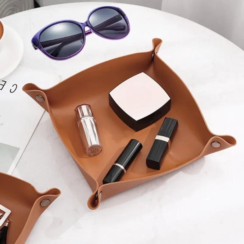 1pc 25cm/9.84in Leather Storage Tray Dice Box Coin Desktop Jewelry Box Makeup Key Tray DIY Household Folding Tray Storage Case