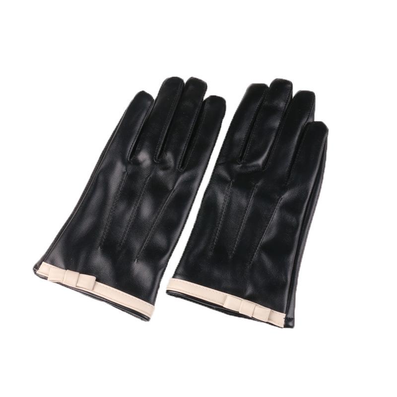 New Autumn and Winter Women's Leather Gloves for Warmth and Velvet Cold Protection Outdoor Fashionable Bows and Cold Touch Screen Leather Gloves